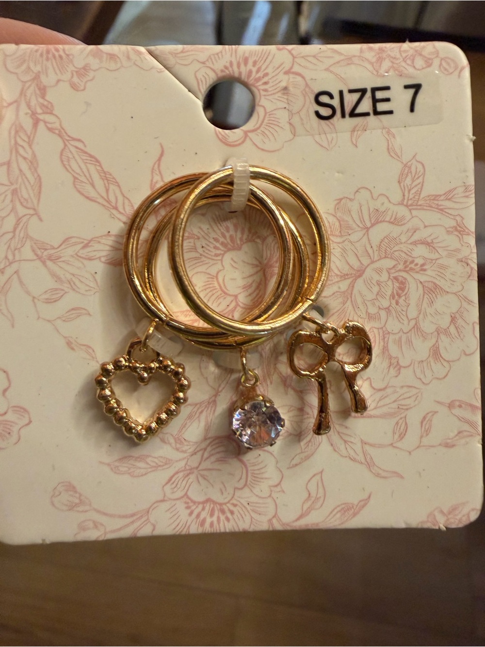 Francesca's Collections Gold Stackable Charm Ring Set with Heart, Crystal & Bow